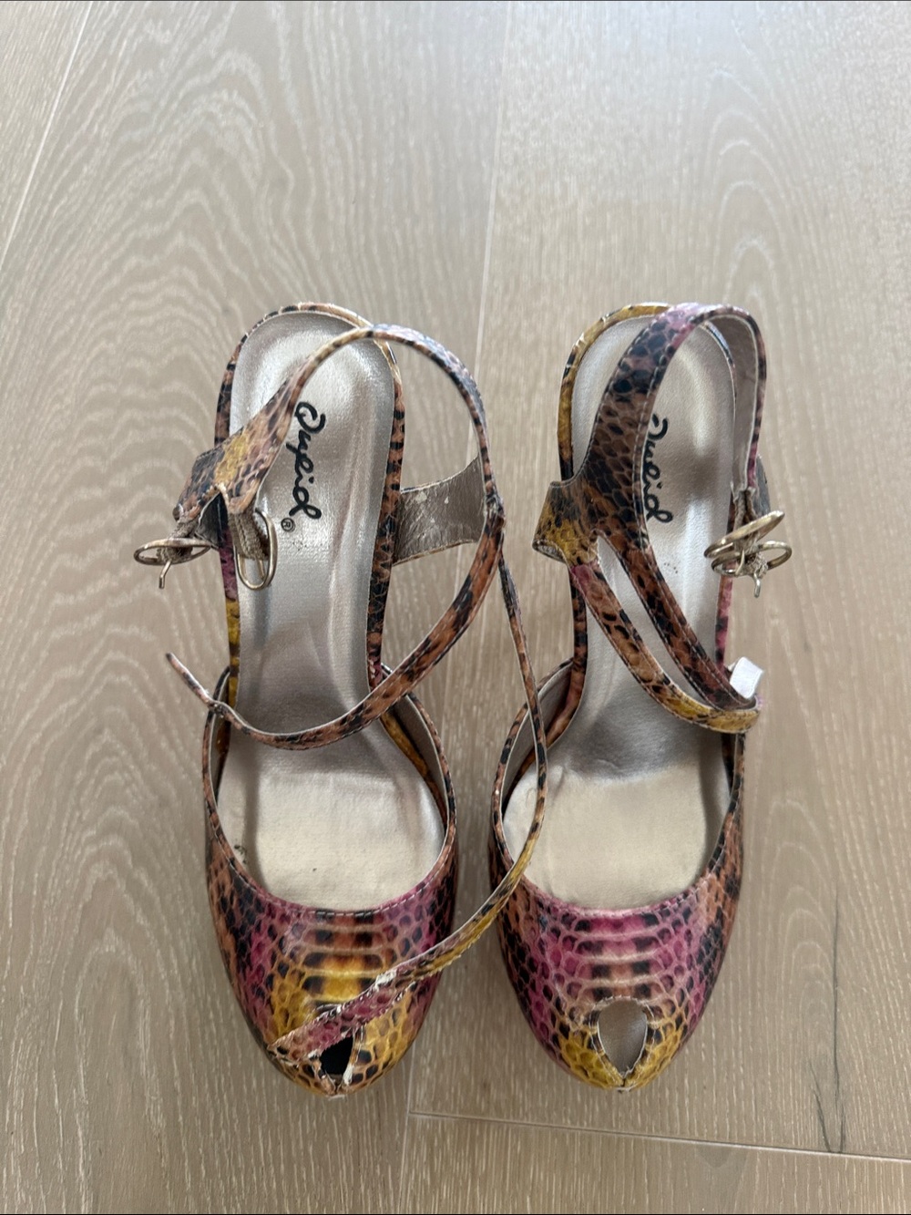 Qupid Multicolor Snake-Print Peep-Toe Slingback Heels